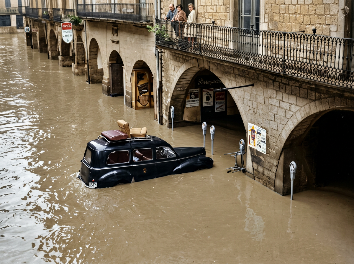 Taxi atrapat a la Plaça del Vi durant la inundació de 1962