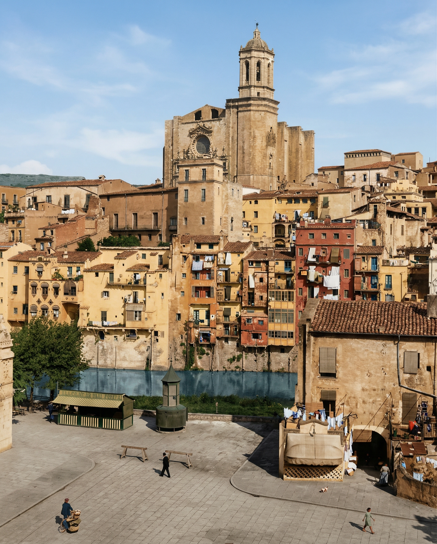 Vista de la Catedral i les cases de l'Onyar des de la Plaça de la Independència