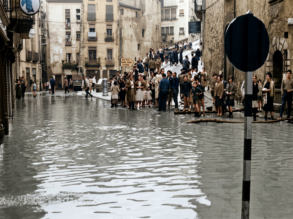Gent mirant les inundacions a la plaça de Sant Feliu
