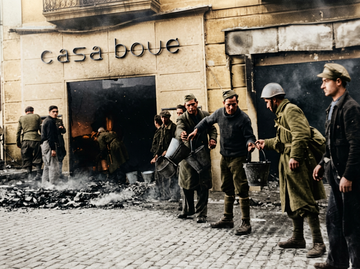 Soldats apagant un foc a Casa Boué